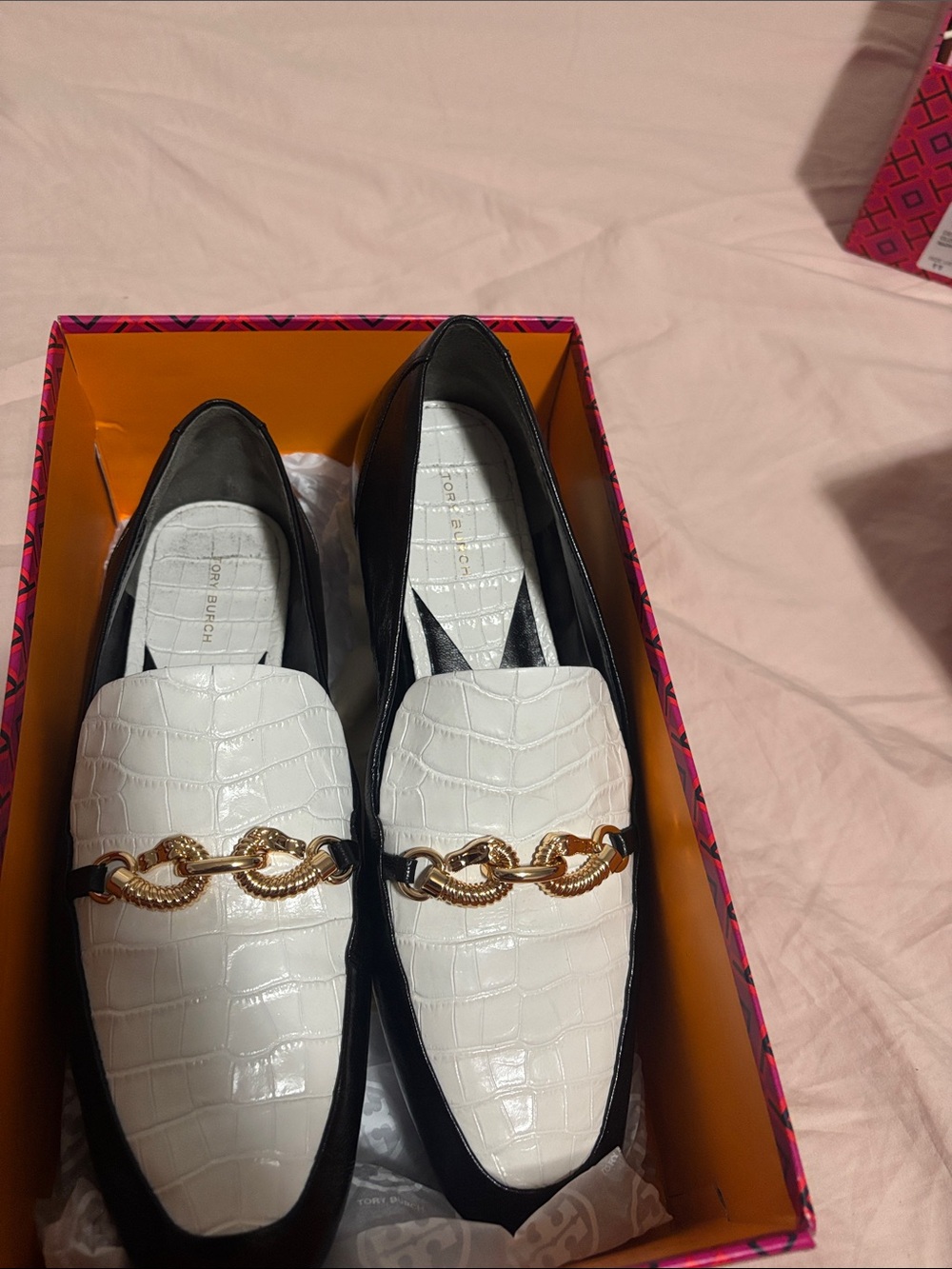 Tory Burch Black and White Croc-Embossed Loafers with Gold Chain